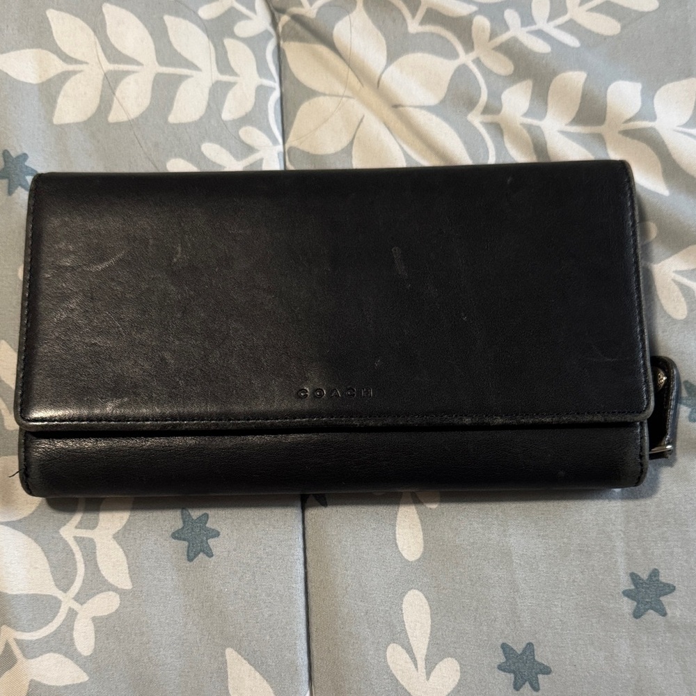 Coach Black Leather Long Wallet with Snap Flap